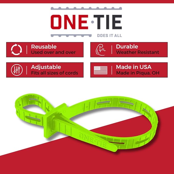 ONE TIE 20-Inch Reusable Zip Ties, Large Cable Management & Cord Organizer Zip Ties for Home, Office, and Industrial Use, Great for Gardening, Weather Resistant, Indoor/Outdoor Use, USA, 10pcs, Green
