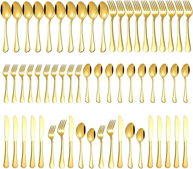 Gold Silverware Set for 12, Compralo 60 Pieces Stainless Steel Shiny Gold Flatware Set, Cutlery Tableware Set Include Spoons, Forks, Knives for Home and Restaurant