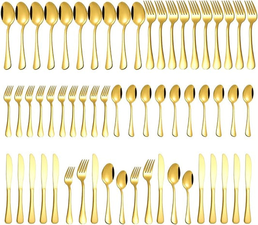 Gold Silverware Set for 12, Compralo 60 Pieces Stainless Steel Shiny Gold Flatware Set, Cutlery Tableware Set Include Spoons, Forks, Knives for Home and Restaurant