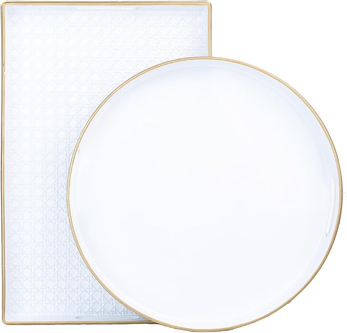 White Round Decorative Tray with Handles, 13" Elegant Coffee Table Serving Tray for Ottoman Living Room, Bathroom, Outdoors, Breakfast