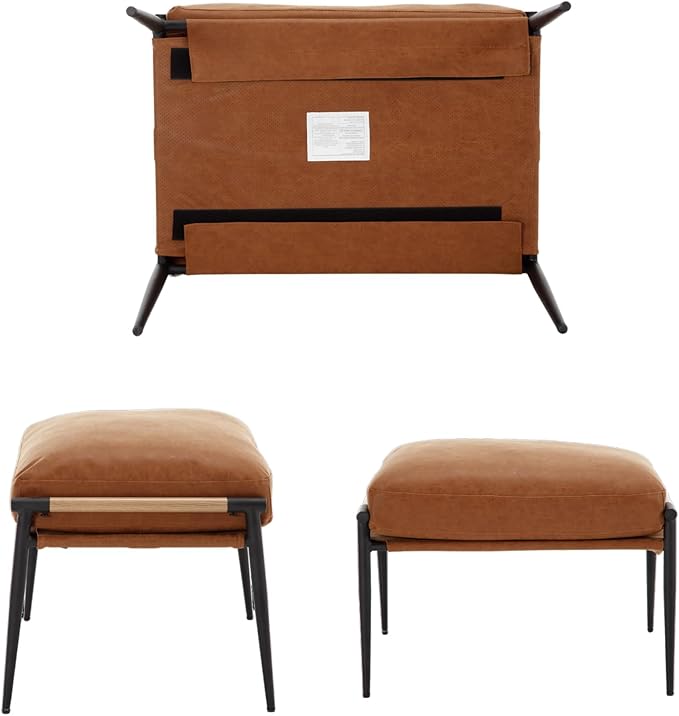 DUOMAY Cute PU Leather Single Footrest, Upholstered Footstool with Black Metal Legs Mid Century Modern Vanity Room Ottoman Shoe Stool for Living Room Bedroom Dressing Room, Brown