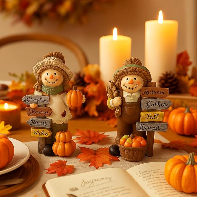 iStatue Thanksgiving Decorations Fall Scarecrow Figurines – 2 Pack 5.5‘’ Resin Harvest with Pumpkins & Signs, Autumn Home Décor Accents for Table, Shelf, Fireplace and Entryway (Beige)