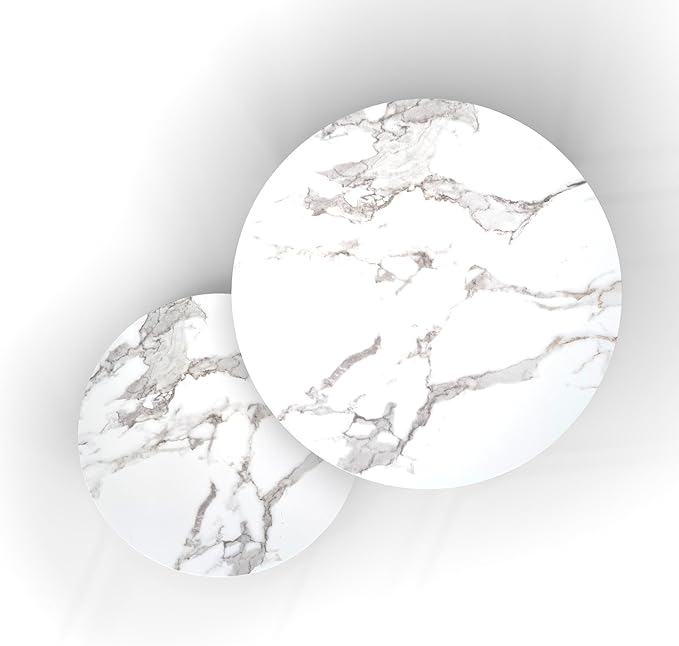 Nesting Coffee Table Set of 2, 31.5" Round Coffee Table Wooden Marble Pattern Accent Furniture, Industrial End Table for Living Room Bedroom Balcony (White/Gold)