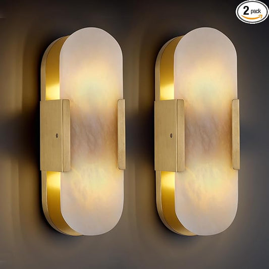 13.8 in Brass Alabaster Wall Sconces, Natural Marble Wall Sconces Set of Two Indoor Alabaster Sconces for Living Room Modern Alabaster Sconces Wall Lighting for Dining Room Stairs Bedroom