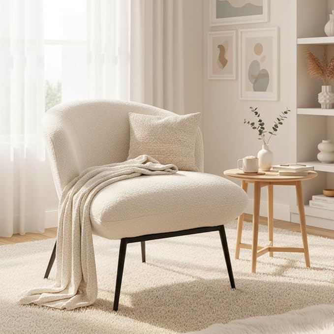 LukeAlon Modern Sherpa Accent Chair Upholstered Single Sofa Chair with Pillow & Black Metal Legs, Comfy Vanity Chair for Living Room, Bedroom, Office, White