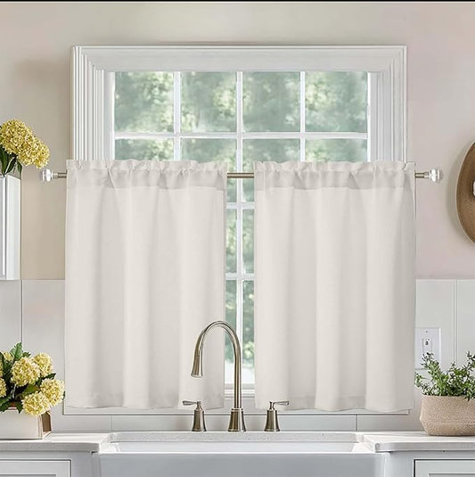 Aiyufeng Natural Short 36 Inches Room Darkening Curtain 2 Panels Set, Half Window Rod Pocket Privacy Tiers for Kitchen, Curtains Blackout for Bathroom Shades, W40 x L36 Inch, Natural