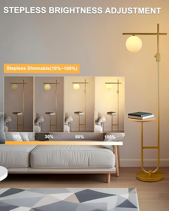 Lightdot 66IN Gold Dimmable Floor Lamps with Storage Table, Modern Standing Tall Lamp with Milky White Globe Lampshade, Cross-Shaped Lamp Head and U-Pole Base Style for Living Room/Bedroom/Office