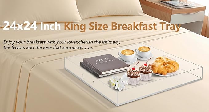 Large Clear Acrylic Serving Tray with Handles-24x24x2 Inch Spill Proof Tray for Ottoman,Coffee Table, Breakfast, Tea, Food, Butler -Safe Edge Organizer-King Size