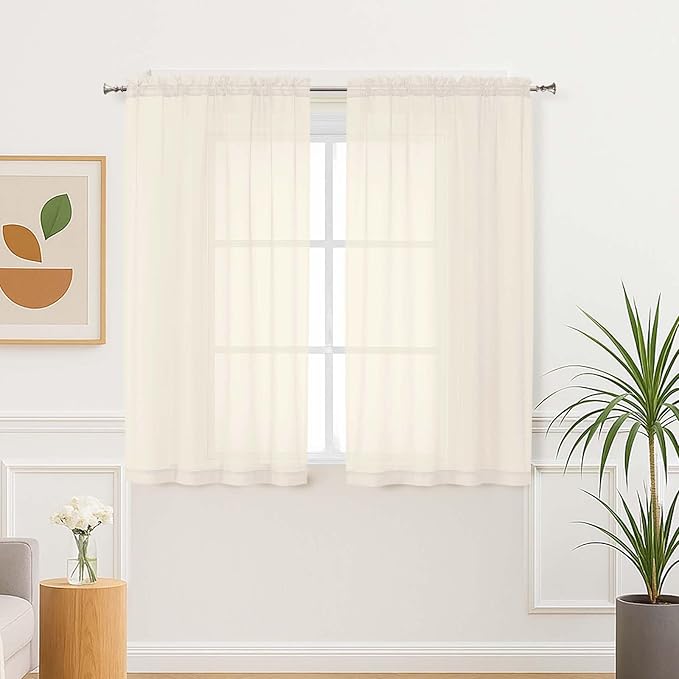 Aiyufeng Cream Sheer Curtains 45 Inch Length 2 Panels Set for Living Room, Light Filtering Green Window Sheers Drapes for Bedroom, Each 42" W x 45" L