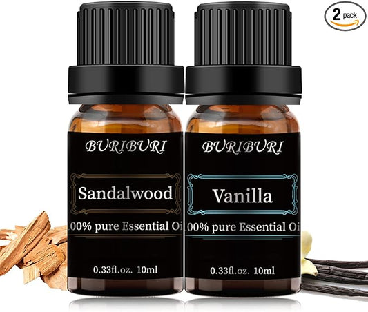 BURIBURI Sandalwood Oil Essential and Vanilla Essential Oil Gift Set, 100% Pure, Undiluted, Natural, Organic Aromatherapy Essential Oils 10ML