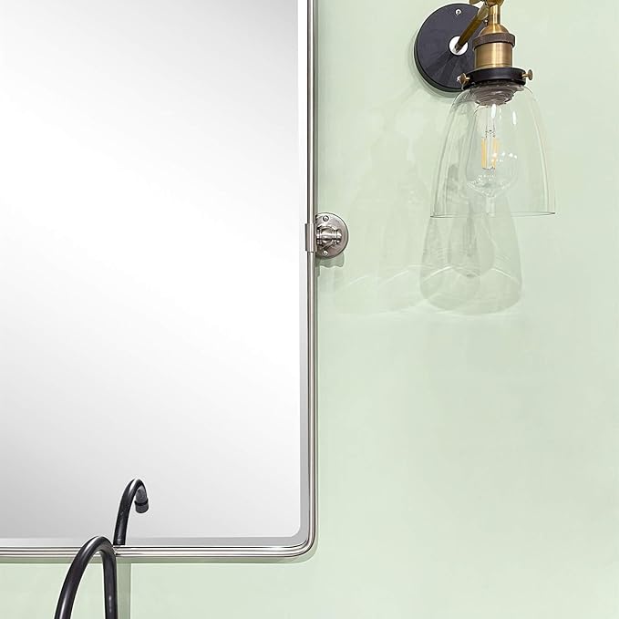 TEHOME Brush Nickel Pivot Rectangle Bathroom Vanity Mirrror Farmhouse Tiltable Rounded Metal Framed Pivoting Bathroom Mirror with Beveled Mirrror, Overall 26.91 x 35 inches (Mirrror 23 x 35 inches)