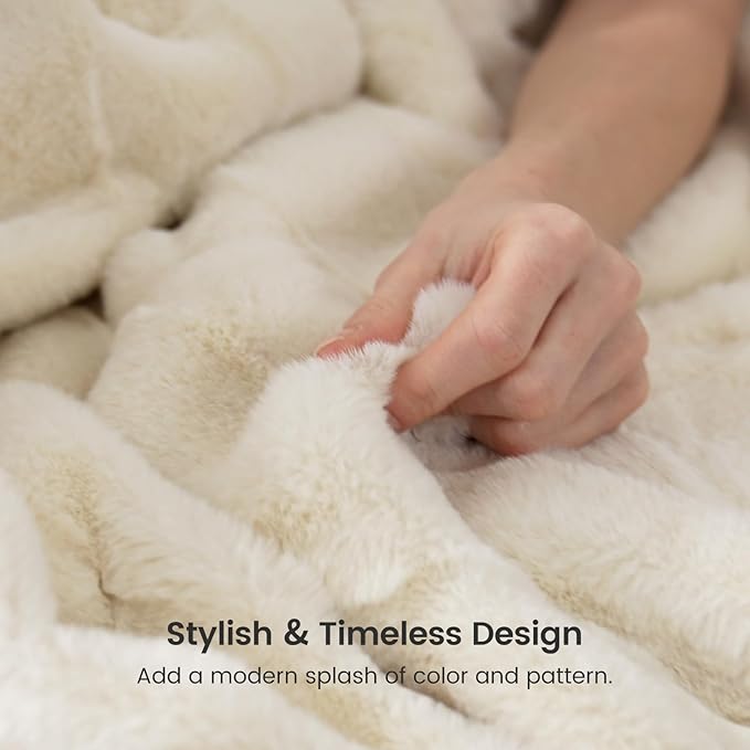 Cozy Bliss Fluffy Faux Fur Blanket King Size for Bed, Fuzzy Soft Striped Plush Blanket, Thick Throw for Bedroom Couch Gift, 108x90 Inches Cream White