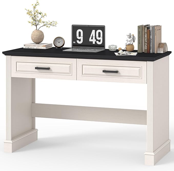 Farmhouse Executive Desk 48 Inch Computer Desk with 2 Drawers Simple Home Office Writing Desk Workstation for Bedroom Study Small Spaces, White and Black