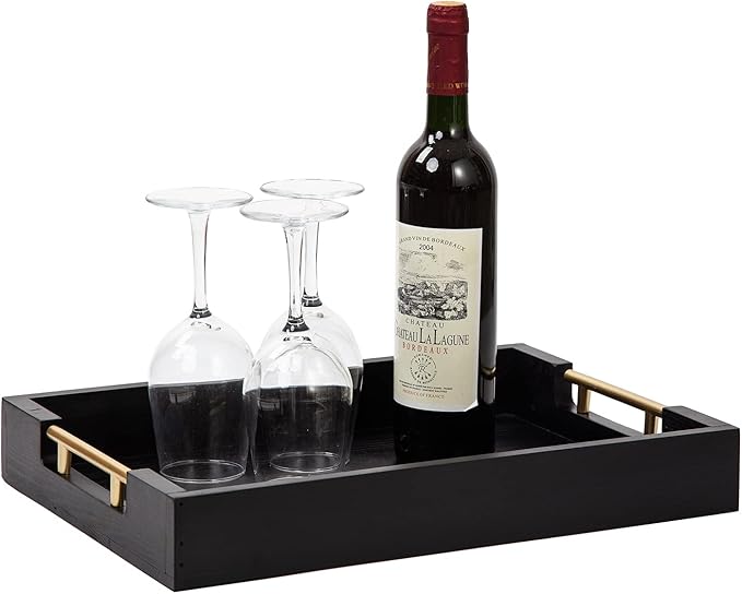 Decorative Coffee Table Ottoman Trays Modern Wood Elegant 16"x12" Rectangle Glossy Shagreen Serving Trays with Gold Metal Handles -Drinks, Liquor Serving Platter for All Occasion's(Black)