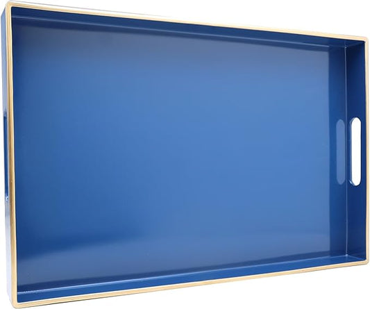 Spsyrine Blue Decorative Serving Tray with Handles, Elegant Plastic Coffee Table Tray for Ottoman, Living Room, Home Decor 15.6" X 10.2"