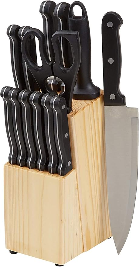 Amazon Basics 20-Piece Flatware Set with Knife Set and Wood Block