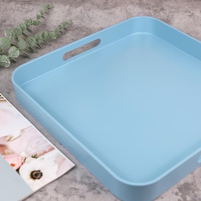 Square Blue Decorative Serving Tray with Handles, Versatile Ottoman Tray for Coffee Table, Entertaining, Outdoor Patio, Living Room, 13”*13”*1.6”