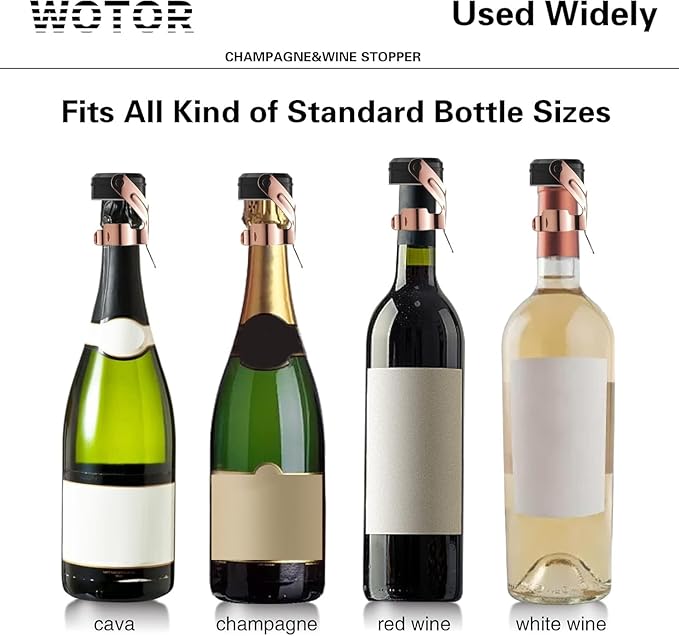 WOTOR Champagne&Wine Bottle Stoppers Stainless Steel with Food Grade Silicone, Leak Proof Keep Fresh Reusable Saver, Cork Suitable for Wine, Champagne, Cava, Prosecco and Sparkling (6 Pack Rosegold）