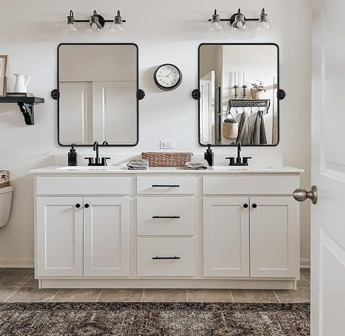 Farmhouse Oil Rubbed Bronze Metal Framed Pivot Rectangle Bathroom Mirror Rounded Rectangluar Tilting Beveled Vanity Mirrors for Wall, Overall 22.91 x 24 inches (Mirrror 19 x 24 inches)