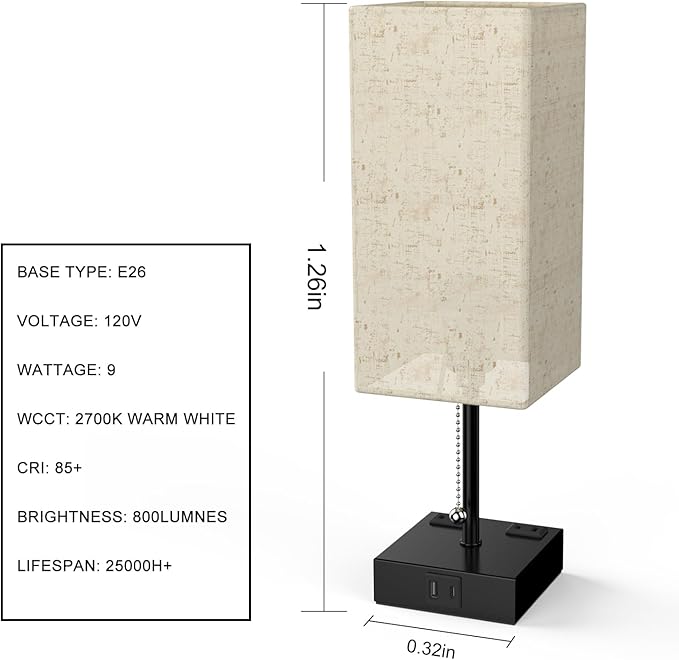 Table Lamp for Bedroom with USB,Bedside Lamp with USB C+A Charging Ports,Adjustable 3color LED Light for Home Decor/Nightstand/Office,Included Bulb and Fabric Lamp Shade (Linen White, 2PCS)