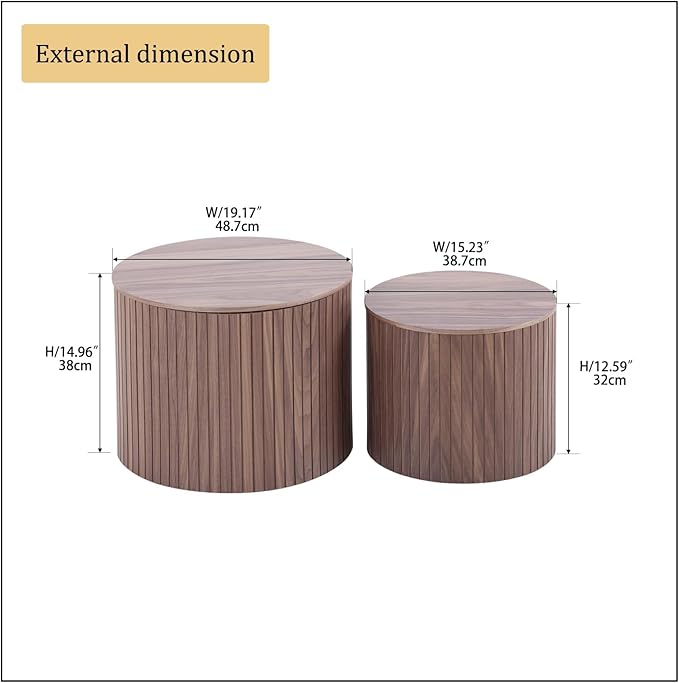 Round Storage Side Table Set of 2, Nesting Coffee Tables with Hidden Storage, Modern Wood Accent End Table for Living Room, Bedroom, Small Space, Minimalist Bedside Table, No Assembly(Walnut)