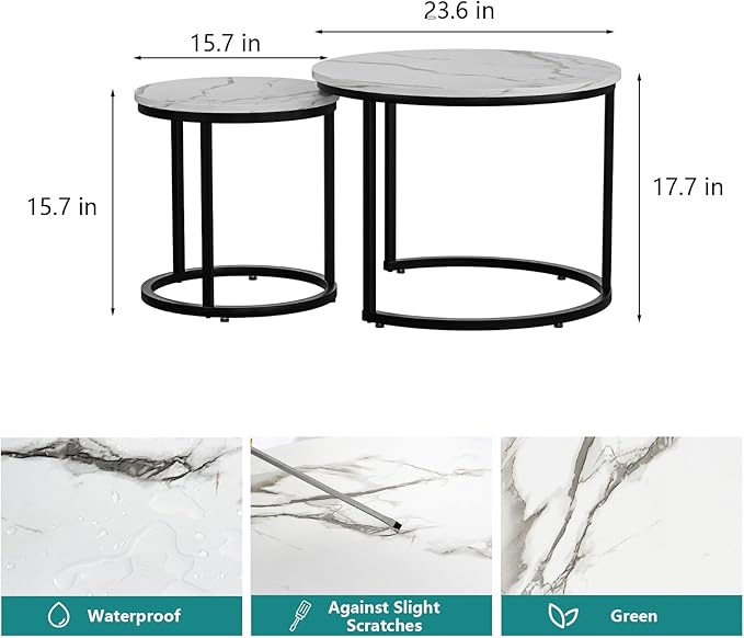Smuxee White Nesting Coffee Table Set of 2, 23.6" Round Coffee Table Wood Grain Top with Adjustable Non-Slip Feet, Industrial End Table Side Tables for Living Room Bedroom Balcony Yard