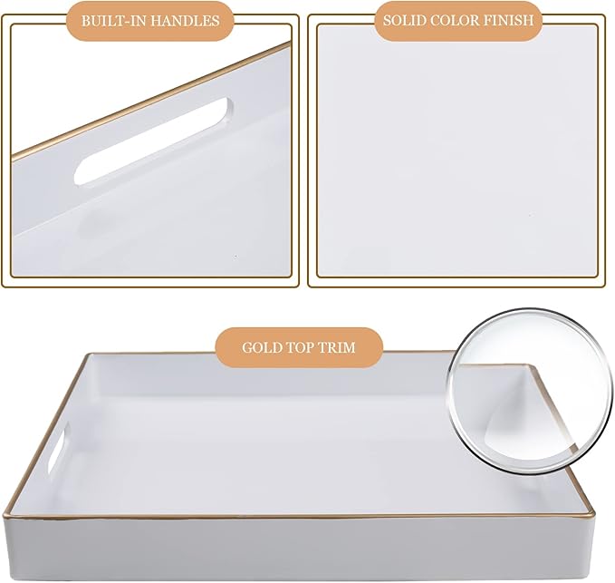 MAONAME 13"x13" Decorative Tray, White Serving Tray with Handles, Coffee Table Trays, Square Plastic Trays for Ottoman, Bathroom, Kitchen