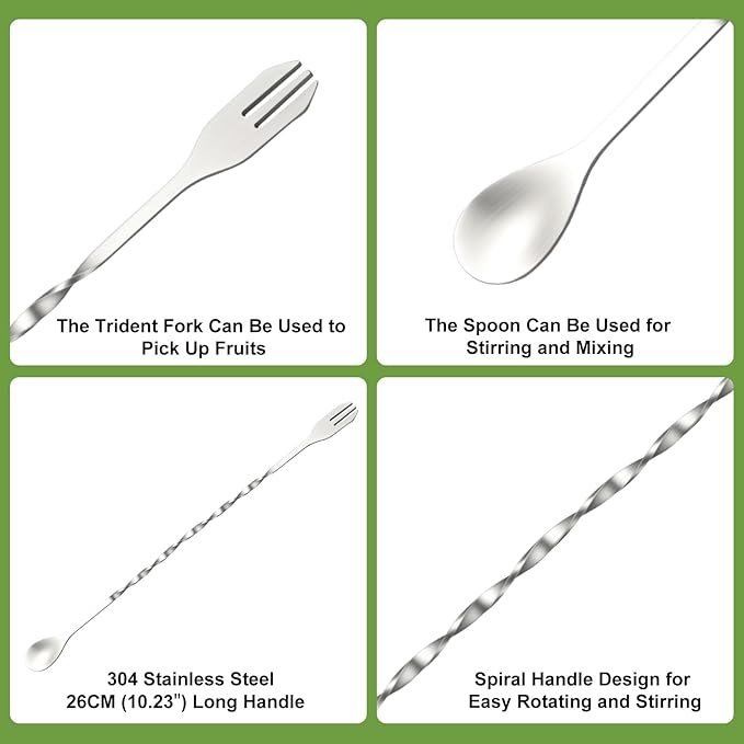 8Pcs 10'' Muddler and Spoon Set for Cocktails 304 Stainless Steel Fruit Smasher Home Bar Bartender Accessories Stirrers Mixing Tools for Mojitos Drinks Lemonade Stand Supplies