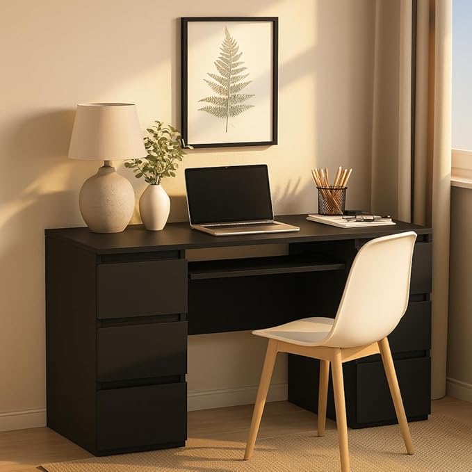 47'' Computer Desk with 6 Drawers and Keyboard Shelf, Modern Wood Writing Desk with Storage for Home Office, Bedroom, Gaming, Study, or Vanity Table – Black
