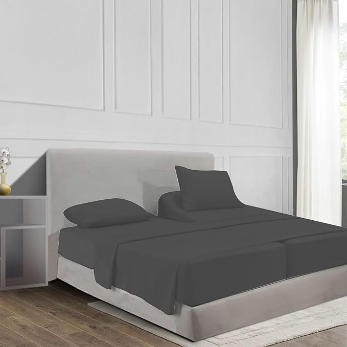 100% Egyptian Cotton Split King Sheet Set 1000 Thread Count Dark Grey Luxury Hotel Soft and Smooth Split King Size Bed Sheets Set 16" Deep Pocket Extra Long Staple Cotton Sateen Weave - 5 PC