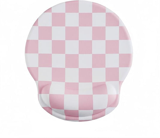 Pink Checkered Mouse Pad with Gel Wrist Rest, Wrist Support, Ergonomic Desk Accessories for Girls Women, Office Laptop Gaming Decor, Cute Aesthetic Trendy Check Design