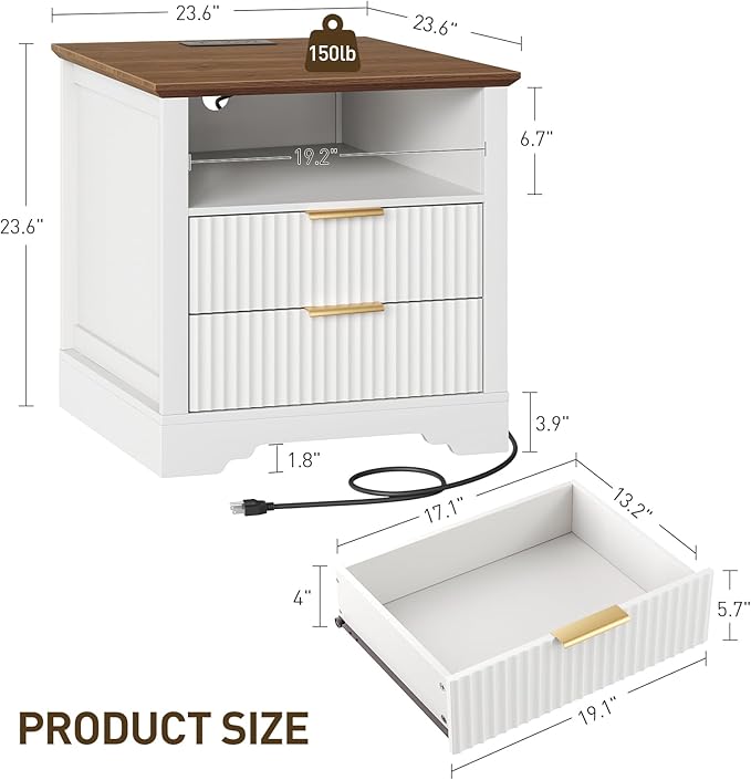 Farmhouse Fluted End Table with Charging Station, 24'' Sofa Side Table with 2 Drawers, Farmhouse Bedside Table with Storage, Large Nightstand for Bedroom, Living Room, White and Walnut
