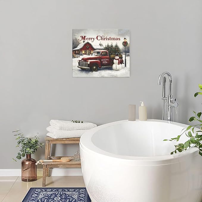 Christmas Pick-Up Truck Wall Art Christmas Tree Canvas Wall Decor Farm Barn Pictures Paintings Prints Snowman Artwork Framed Winter Holidays Decorations For Bathroom Bedroom Living Room Office Gifts 24" x 20"