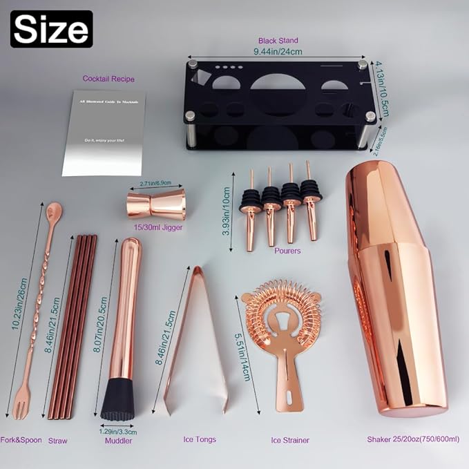 Professional Cocktail Shaker Set with Stand Cocktail Recipes, 15-Piece 750/600ml Bartender Kit, Bar Sets Bartending Kit Bar Tool Set 25/20oz Boston Shakers, Jigger, Muddler (Rose Gold)