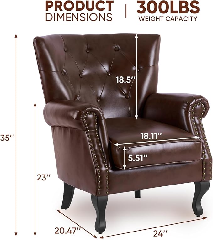 MOJAY PU Leather Accent Chair, Mid-Century Modern Armchair Living Room Club Chair with Tufted Button & Rivet Trim, Upholstered Sofa Chair with Sturdy Wood Legs for Bedroom (Reddish Brown)