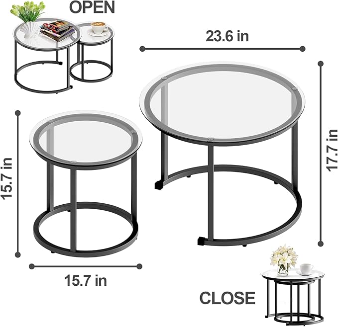 aboxoo Black Nesting Coffee Glass Table Set of 2, Metal Freme Side End Tables for Living Room Bedroom for Apartment Small Place Modern Industrial Simple, 23.6D x 23.6W x 17.7H in