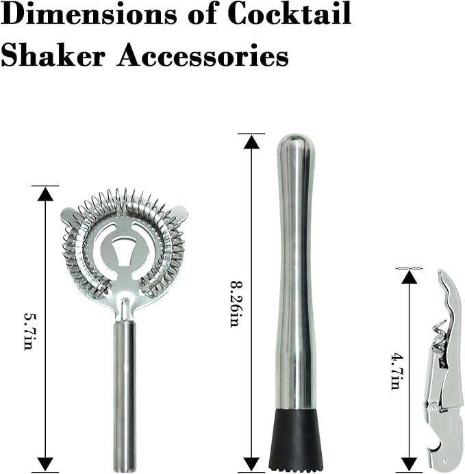 Stainless Steel Cocktail Shaker Set, 24oz/750ml Bartender Kit Includes Strainer and Stir Stick for Home, Bar, Party, Bar Accessories for The Home Bar Set (Silver)