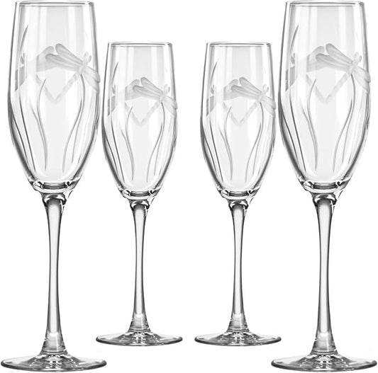 Rolf Glass Dragonfly Champagne Flute Glasses 8 ounce - Toasting Flute Glasses - Lead-Free Glass - Etched Flute Glasses – Proudly Made in the USA (Set of 4)
