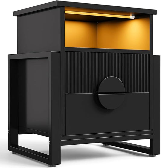 LGHM Large Fluted Nightstand with Charger Station Lights,20.47" W Night Stand with 2 Drawers,Accent Bedside Table and End Table,Semicylinder Drawer,Stable Raised Legs,Large Compartment,Black