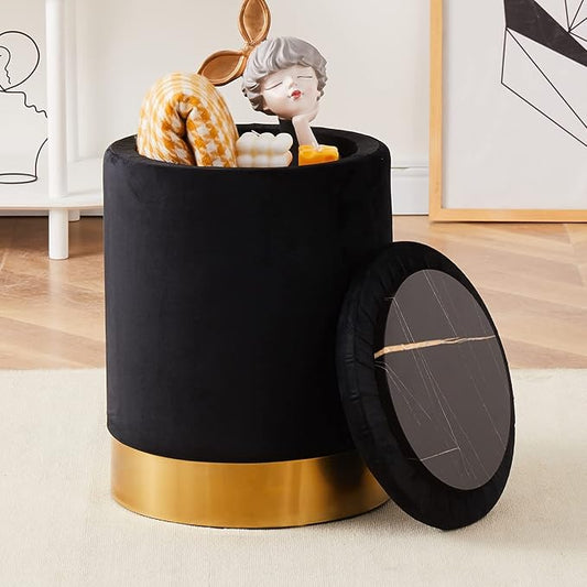 Mxfurhawa Velvet Storage Ottoman Multipurpose Footrest Stool with Metal Base Modern Round Vanity Stool Chair Ottoman Foot Stools Support 300 lbs Padded Seat for Living Room (Black (Velvet))