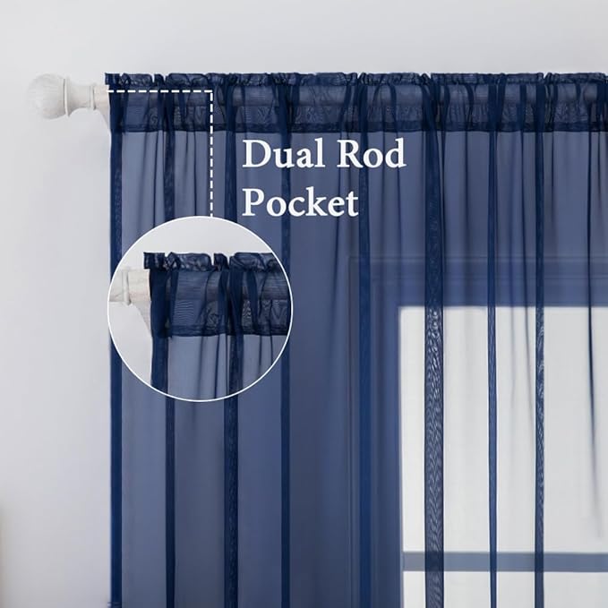 MIULEE 2 Panels Solid Color Sheer Window Curtains Elegant Window Voile Panels/Drapes/Treatment for Bedroom Living Room (54X45 Inches Dark Blue)