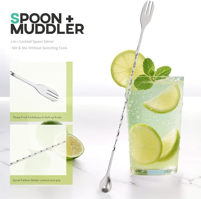 Muddler for Cocktails,10" Bar Spoon & Ice Tongs with Serrated Tip, 3Pcs Stainless Steel Bar Tools Set for Mojitos, Lemonade, Fruit Drinks, Home Party Bar Accessories
