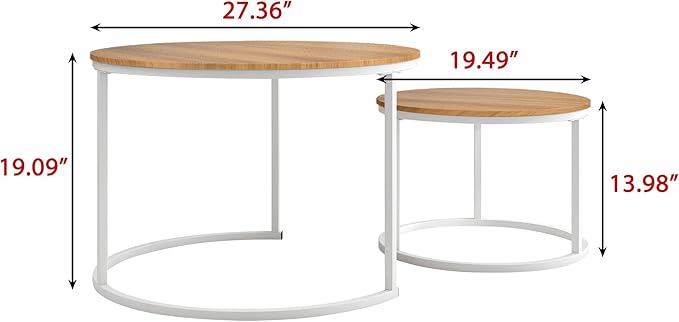 HOJINLINERO Round Coffee Table Set of 2 End Table for Living Room,Stacking Side Tables,Sturdy& Easy Assembly,Wood Look Accent Furniture with Metal Frame,Industrial/Modern Coffee Table White+Teak OAKDK