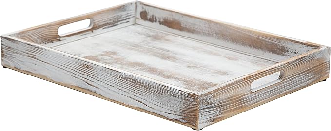 Rustic Distressed Wood Food Breakfast Serving Tray Octagon Serving Tray in Bed with Cutout Carrying Handles Coffee Office Desktop Document Holder Home Kitchen (Washed White)