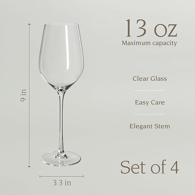 over&back 13oz Traditional Glassware - Set of 4 Classic Stem Drinking Glasses for Parties, Get-togethers, and More - Mouth-Blown - Wine Cups for Kitchen and Dining Room - Clear