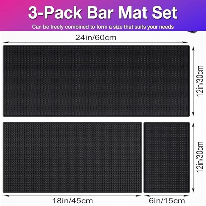 WANGCHAO Bar Mat Set - 8mm Thick Anti-Skid Non-Toxic Rubber Bar Mat for Home Bar, Countertop, Restaurants, Coffee Bar Mat - Premium Rubber Bar Service Spill Mat (3 pack) (24*12"+18*12"+12*6")