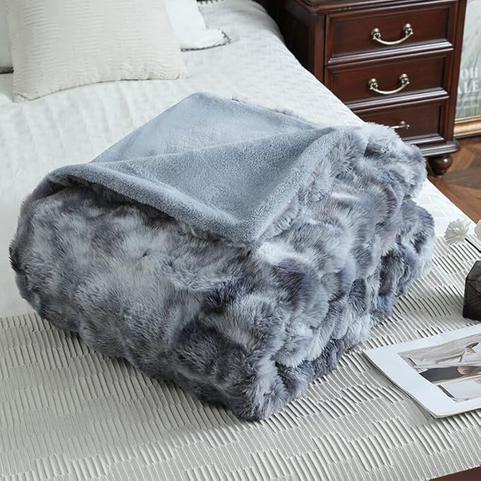 Faux Fur Throw Blanket for Couch Cozy Fuzzy Soft Plush Thick Fluffy Fleece Bubble Blanket for Sofa Bedroom Living Room, 63x79 Inches Tie-Dye Grey