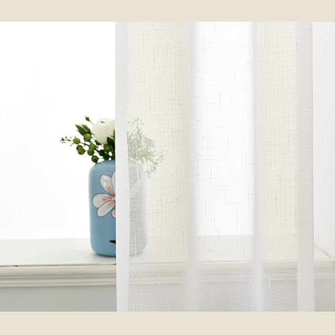 Randall Off White Linen Sheer Curtain Panel Sets of 2 with Eyelets Open Weave Faux Linen Window Treament for Living Room Bedroom Farmhouse, Elegant Nickel Grommet Top-54x63 Inch