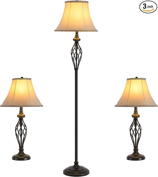 3 Pack Lamp Set, Living Room Lamp Set with Vintage Brown Fabric Shades, Bronze Finish, Solid Iron