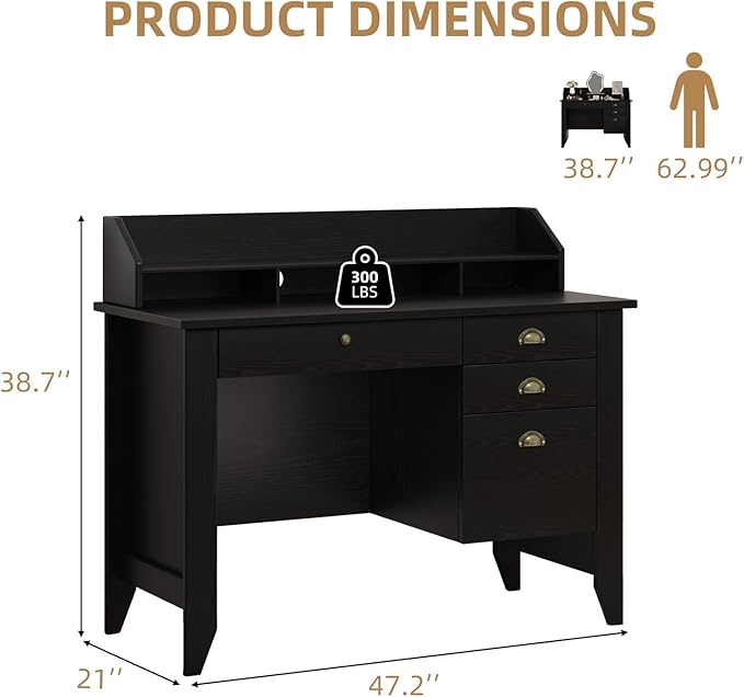 4 EVER WINNER Black Desk with Drawers, Office Desk with File Drawer and Monitor Stand, Computer Desk with Storage for Small Spaces, Bedroom, Black